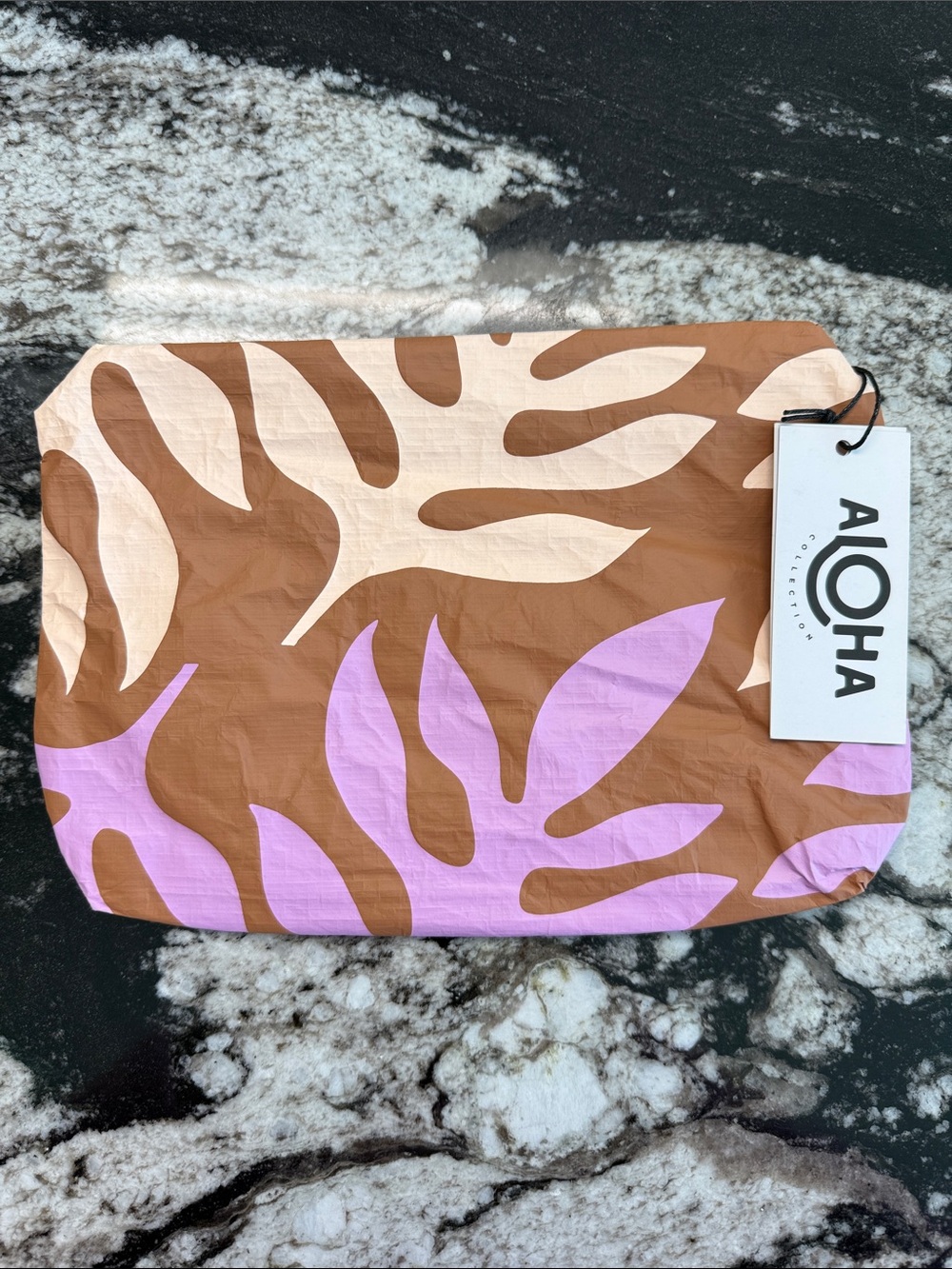 ALOHA Collection SmallBrown, Cream & Lavender Tropical Leaf Cosmetic Pouch
